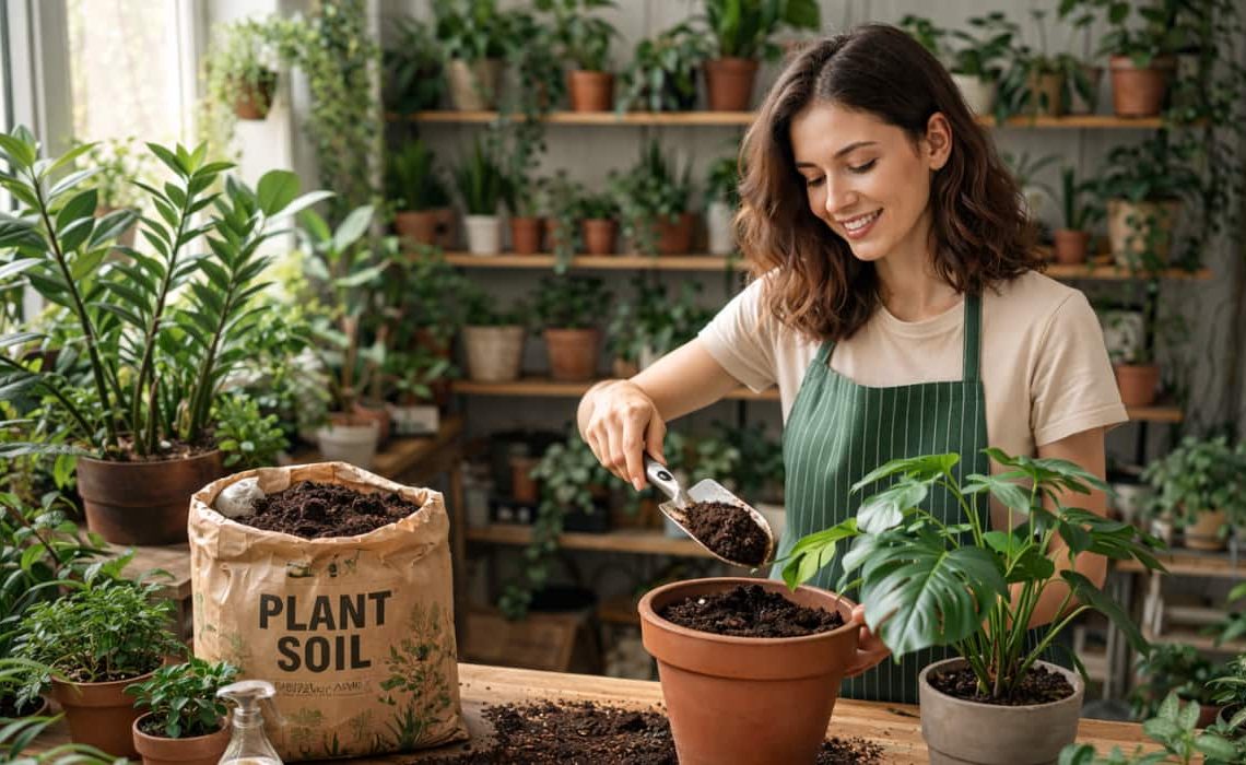 Persona aplicando sustratos a plantas